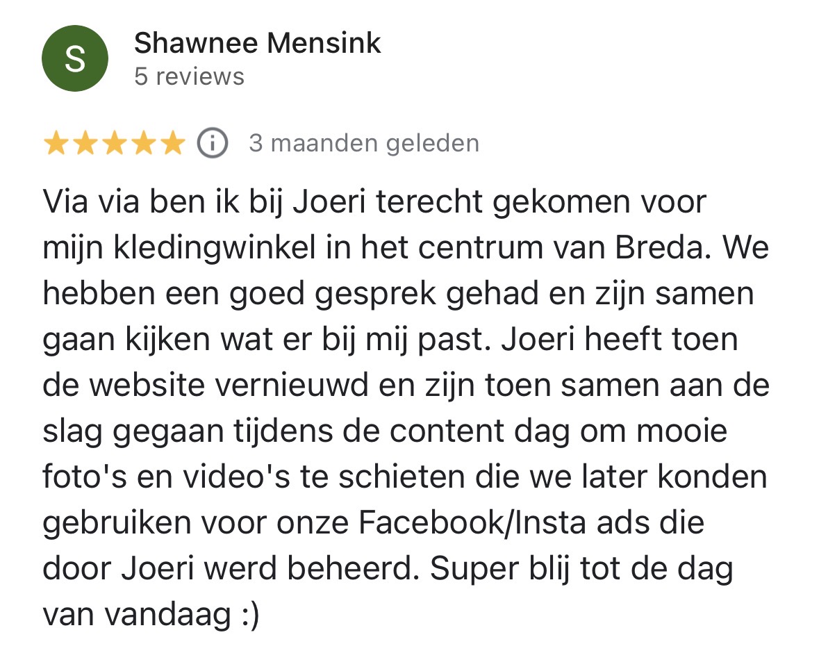 Google review van Shawnee Mensink over de samenwerking met Joeri