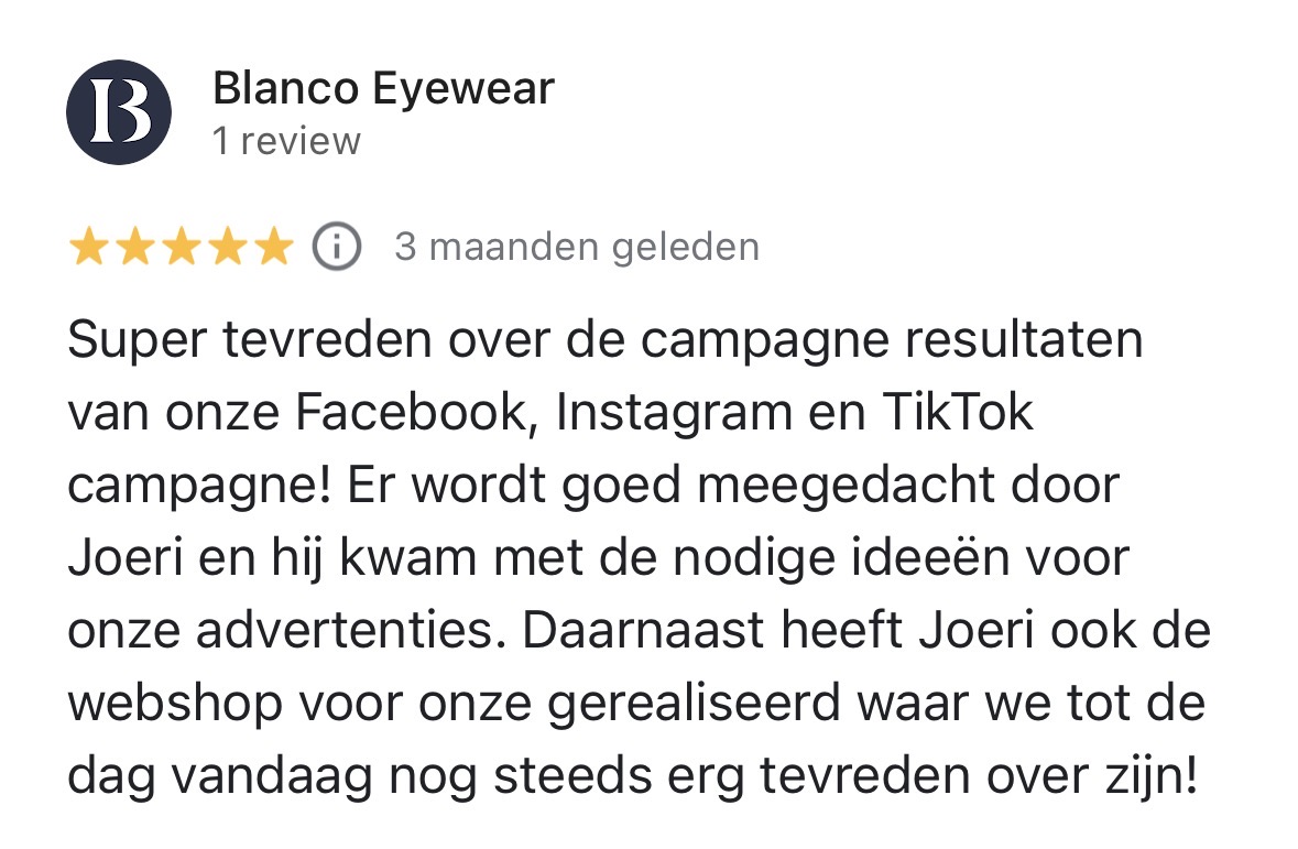 Google review van Blanco Eyewear over campagneresultaten