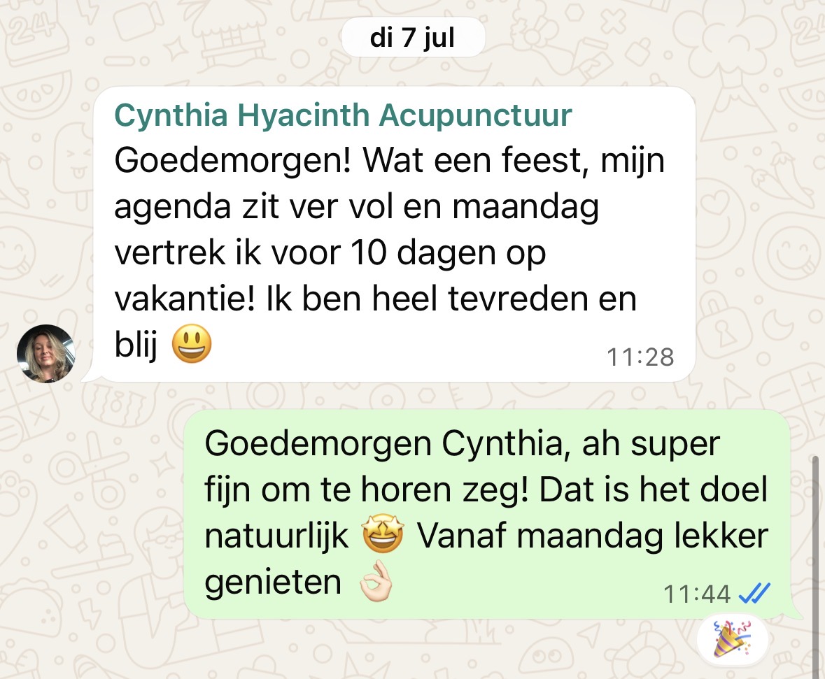 WhatsApp-bericht van Cynthia over een volle agenda