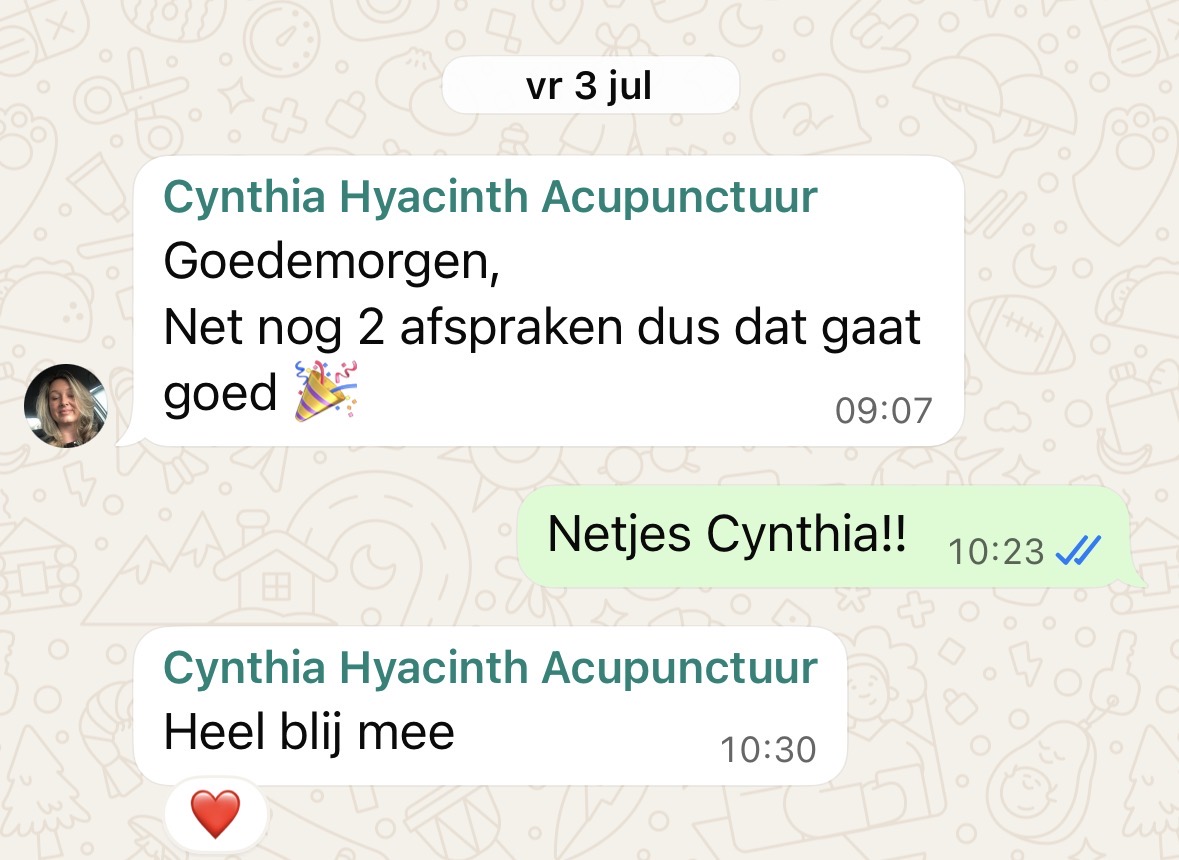 WhatsApp-resultaat van Cynthia Hyacinth Acupunctuur